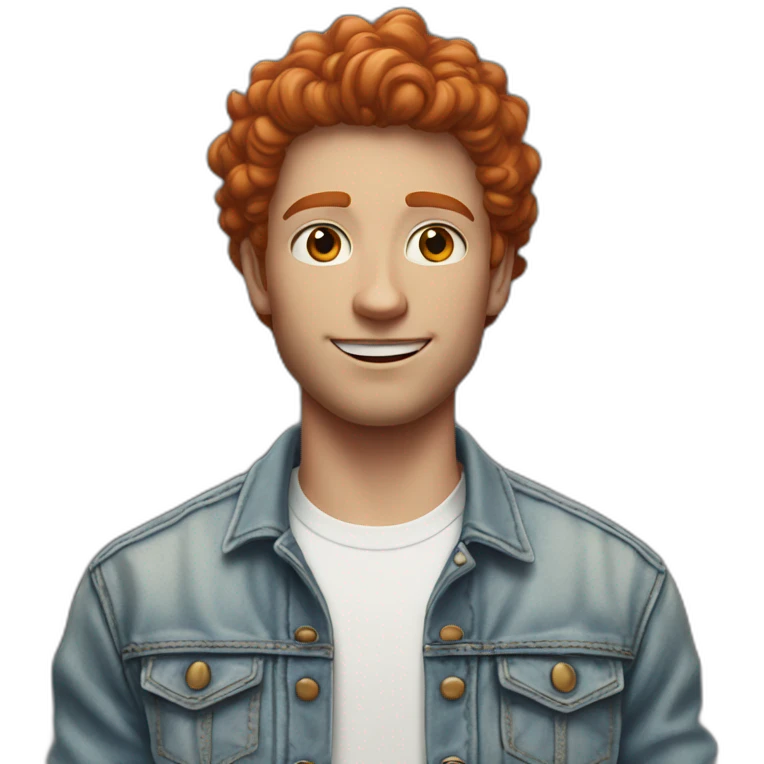 white young man in jean jacket and white t-shirt with short (not curly) red hair emoji