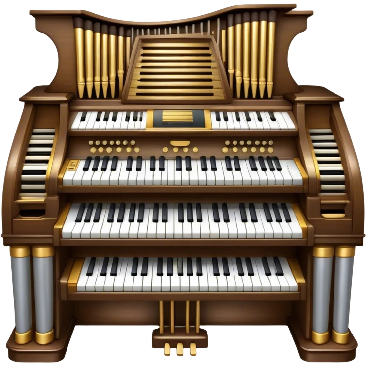 Create an elegant and majestic emoji representing a classical organ. The design should feature the grand pipes of the organ in the background, with visible details of the keys and pedalboard in the foreground. The pipes should be tall and impressive, with a mixture of gold, silver, and metallic shades to emphasize the grandeur of the instrument. The keyboard and pedals should be well-defined, capturing the intricate craftsmanship of the organ. Use dark wood tones and gold accents for the body of the instrument to give it a rich, historic feel. Add subtle musical notes around the organ to evoke its deep, resonant sound. The background should be transparent. emoji