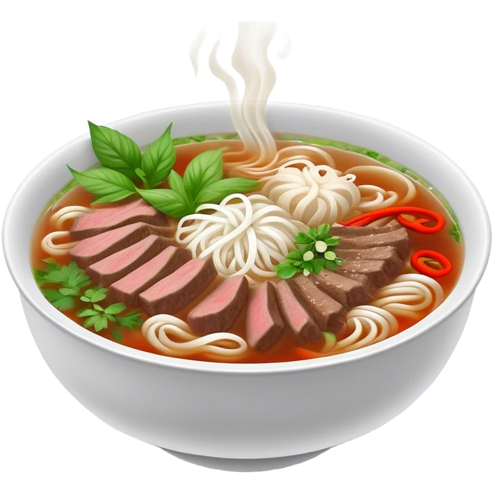 Cinematic Realistic Pho Dish Emoji, depicted as a steaming bowl of aromatic beef noodle soup with herbs rendered with lifelike textures and vibrant, warm lighting. emoji