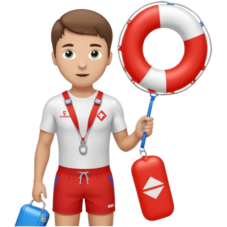 Male lifeguard – red shorts, whistle around neck, holding rescue float. emoji