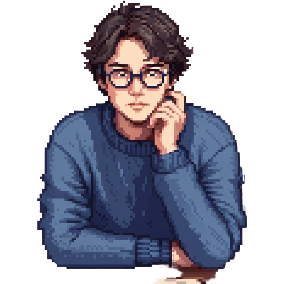 Flat pixel are, calm and curious male thinker, light skin, short tousled dark hair, round glasses, focused expression, wearing an indigo sweater, seated at a desk with open books, one hand resting under his chin in thought, waist-up, front-facing emoji