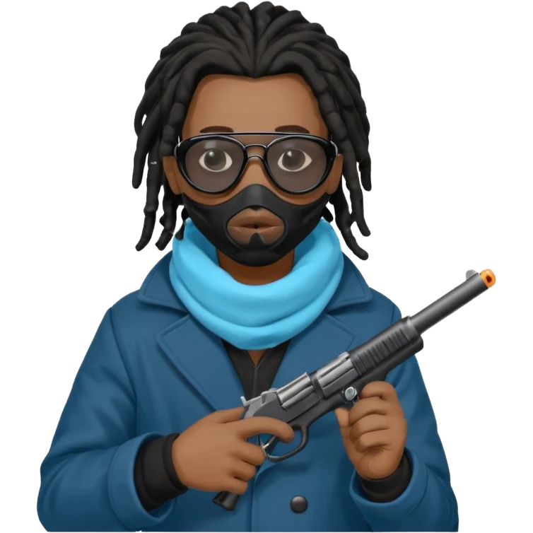 African American man with shoulder length black dreadlocks  wearing black sunglasses wearing a black bubble winter coat wearing a blue hospital mask covering mouth and nose  holding a pistol gun in hand emoji