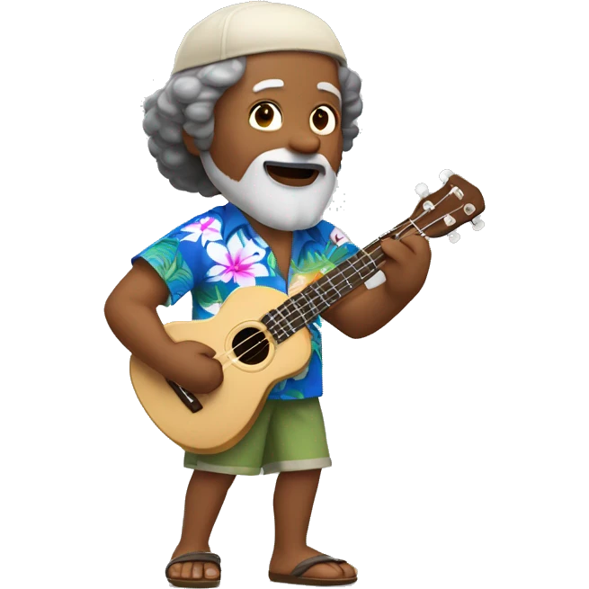 dark-skinned native hawaiian man h playing ukulele age 57 with hawaiian shirt shorts beard with cap and hair with a little gray hair, with eastern asian eyes emoji