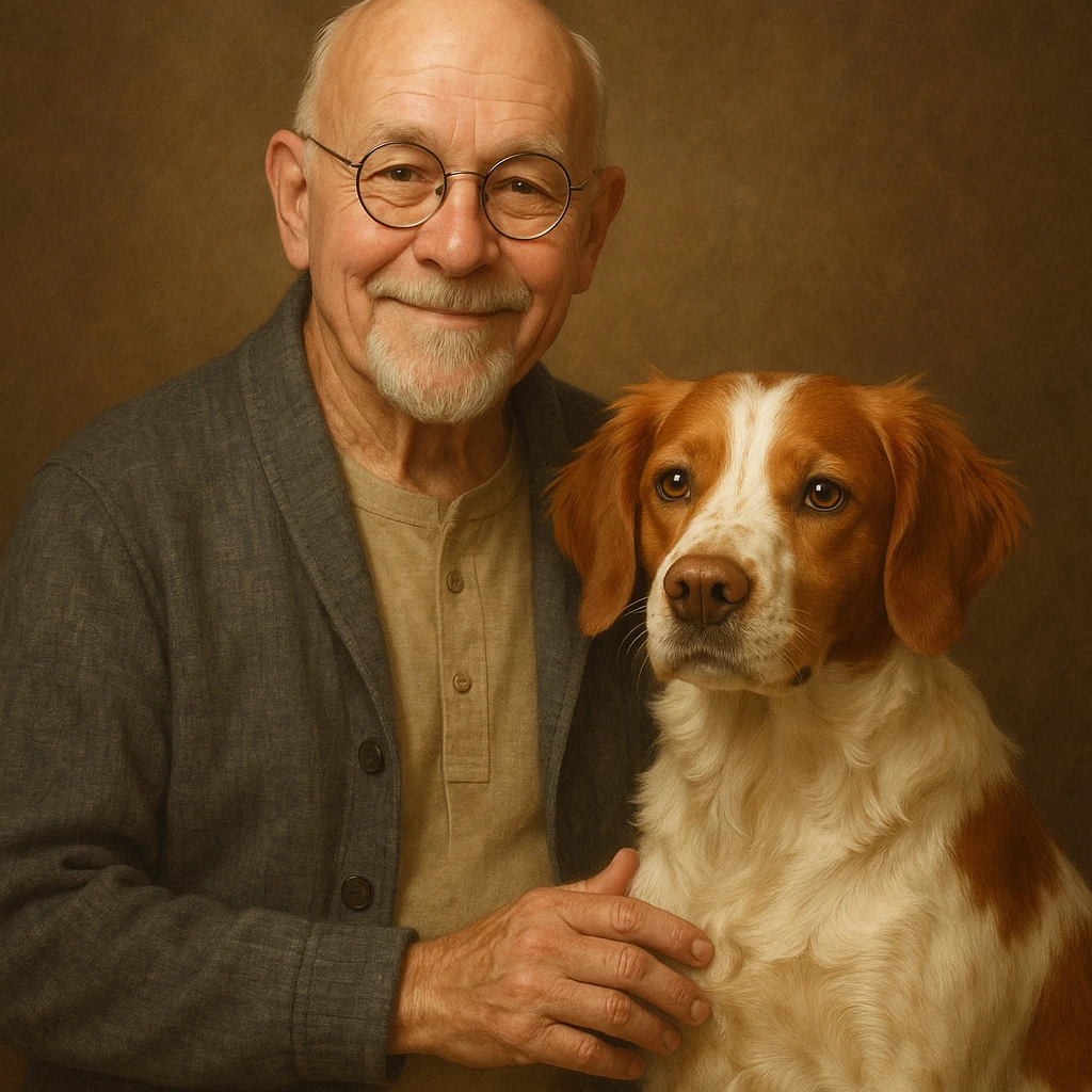 bald old man with round glasses and a grey goatee, standing with a Brittany Spaniel dog, friendly and warm expression emoji