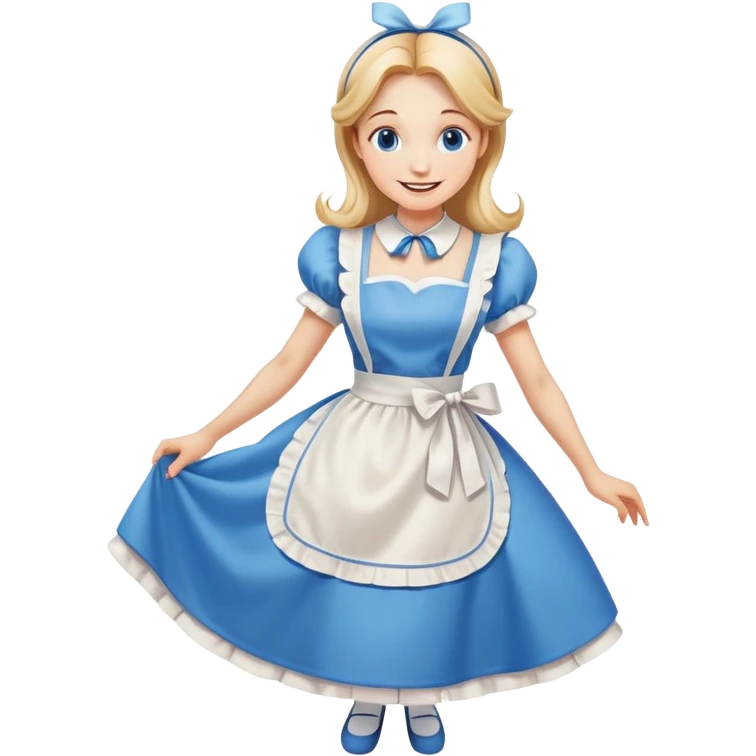 Disney's Alice in Wonderland curtseying with a happy smile in her blue dress with white apron emoji