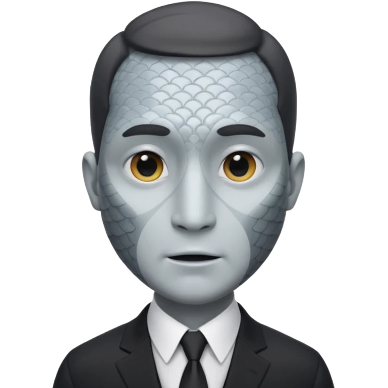 A fish man dressed in a black suit. Its face is grey fish. Just a fish. And The fish is facing upward. The fish’s neck connects smoothly with the collar of the suit. emoji