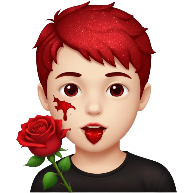 red glitter naughty-looking boy biting a rose in his mouth emoji
