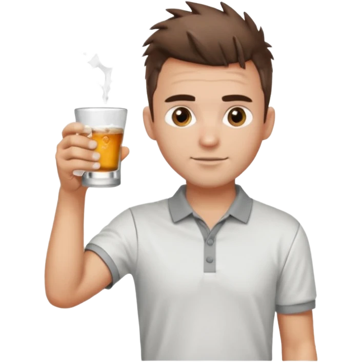 Handsome male.short messy brown hair.mowhawk hairstyle. wearing white golf shirt.grey shorts. Cheersing with a shot glass emoji