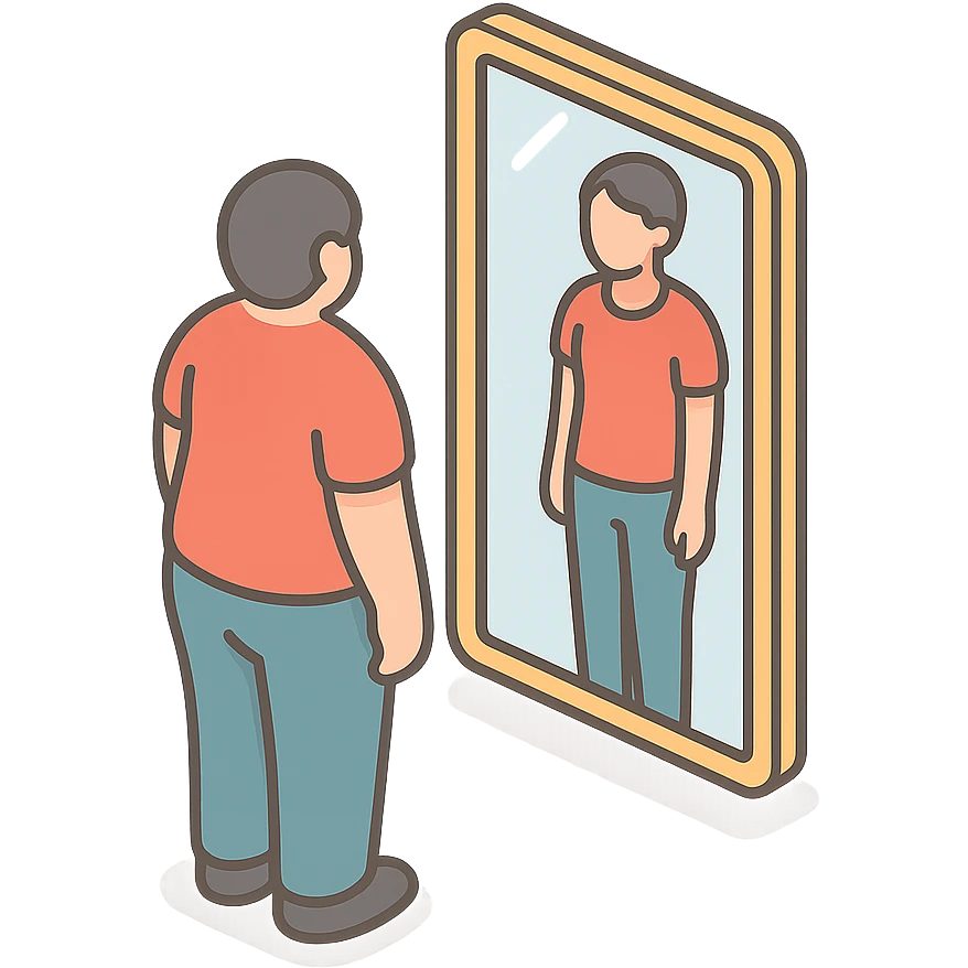 A mirror reflecting a body where the reflection differs from the original body, hinting at distorted body perception and psychosomatic external appearance. The reflection visually represents the inner self. Style: 2D Isometric with clear shadows and highlights, transparent background. emoji