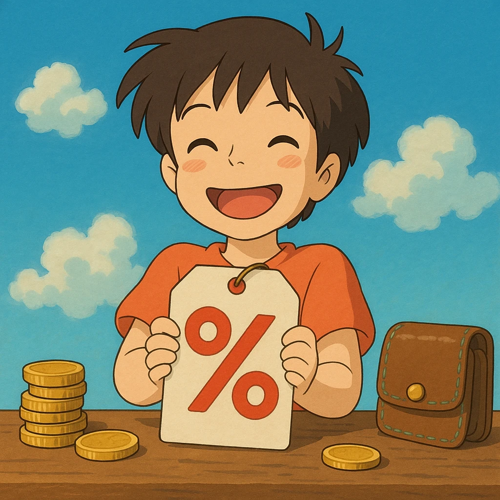 happy anime character holding a price tag with discount symbols, coins and wallet nearby, cheerful colors, Studio Ghibli style emoji