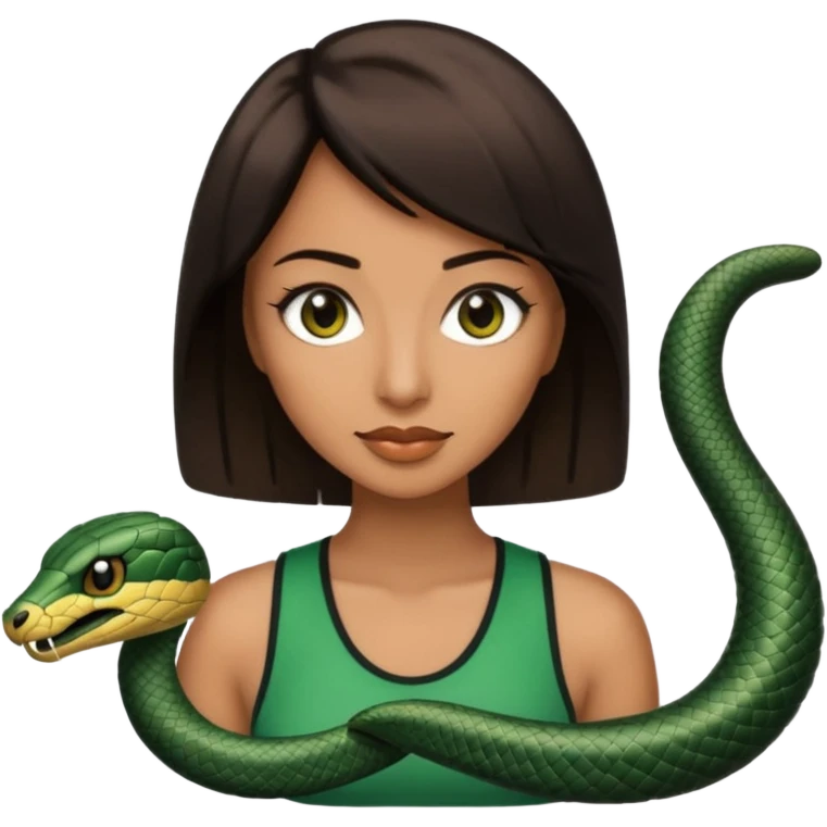 Femme brune yeux marron avec une coupe carré noir , femme couleur de peau typé, avec un cobra a côté , emoji