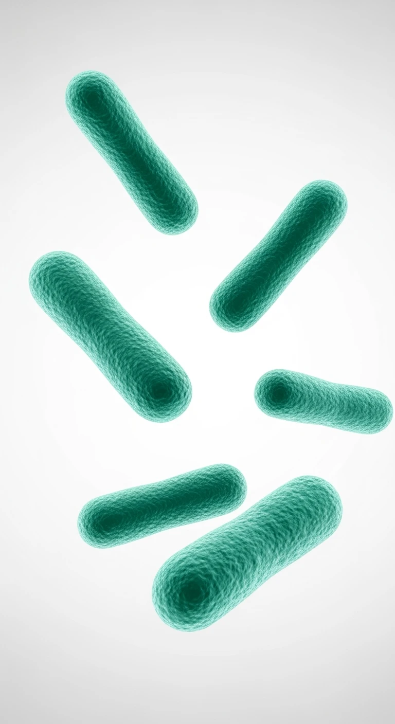 sei batteri intestinali turchesi fluttuano in aria, sfondo bianco, ma iperrealistica 4k emoji