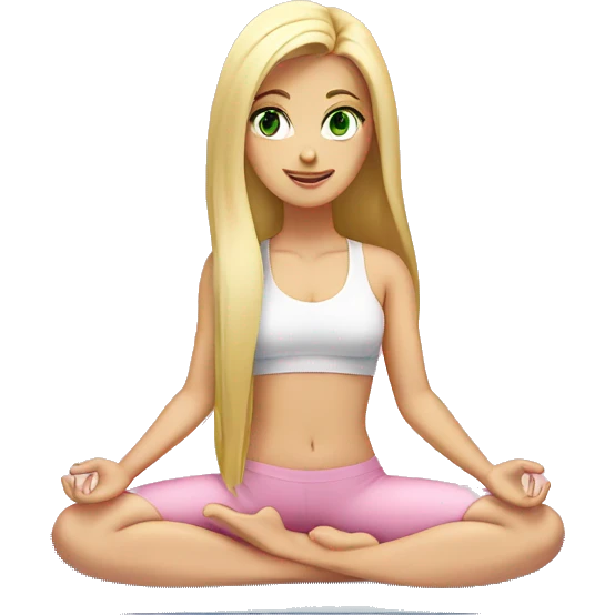 blonde long hair and green eyes yoga girl in light pink clothes sitting on a yoga mat emoji