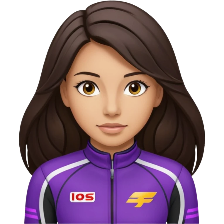 brunette long hair woman with black racing outfit with single purple strips emoji