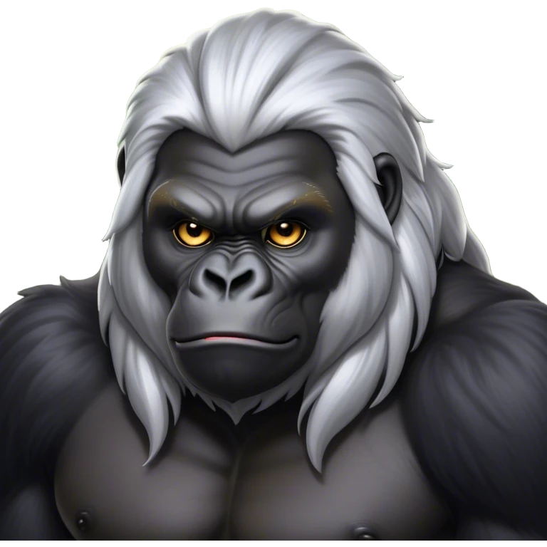 Cinematic Noble mountain Gorilla Portrait Emoji, Poised and majestic, with a powerful, muscular frame accentuated by a distinguished silver mane and piercing, wise eyes, Simplified yet sharp and sophisticated features, highly detailed, glowing with a soft, regal jungle glow, high shine, intelligent and commanding, stylized with an air of imperial strength, focused and resolute, soft glowing outline, capturing the essence of a watchful guardian that feels as though it could step out of the screen with effortless authority! emoji