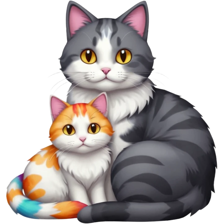 full body large dark grey and white cat cuddling a colourful light patched calico + white tabby cat  emoji