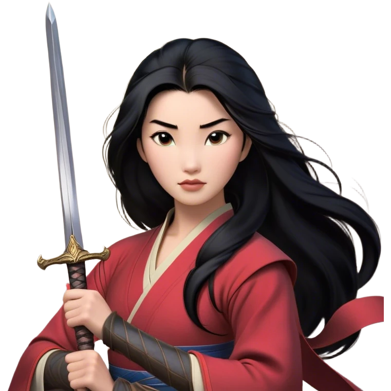 Cinematic Realistic Mulan Portrait, depicted with lifelike skin texture, soft natural lighting, and intricately detailed long black hair styled elegantly. Her deep, expressive eyes exude determination and grace, complemented by a serene yet confident expression. She stands with one hand resting on the hilt of her sword, the other by her side, exuding strength and poise. She is dressed in her classic attire, with rich fabric textures and delicate folds that catch the light beautifully. The portrait features a soft, enchanting glow with a natural, radiant finish, capturing the essence of timeless strength and beauty in a realistic and painterly style, evoking a sense of depth and authenticity. emoji