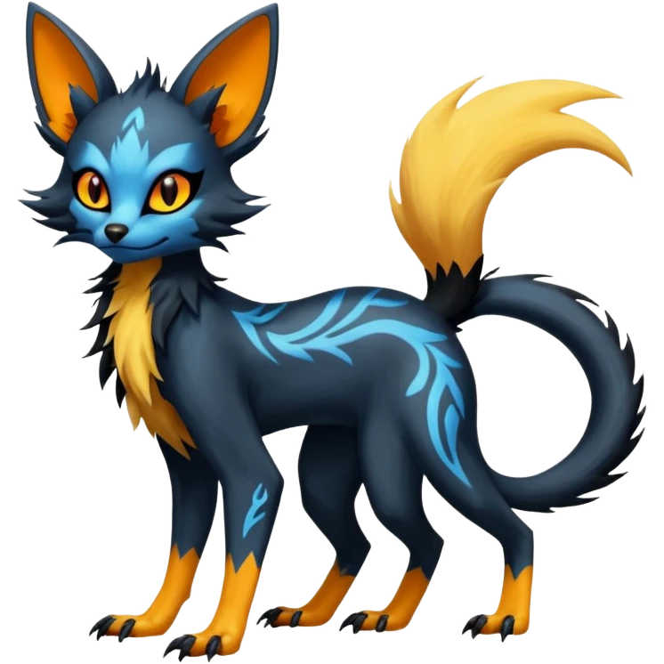 Lykoi-Fennekin-Electrike-Luxray-fusion-hybrid-animal-Fakémon-creature, full body, thin long sleek scaly tail, intricate markings emoji