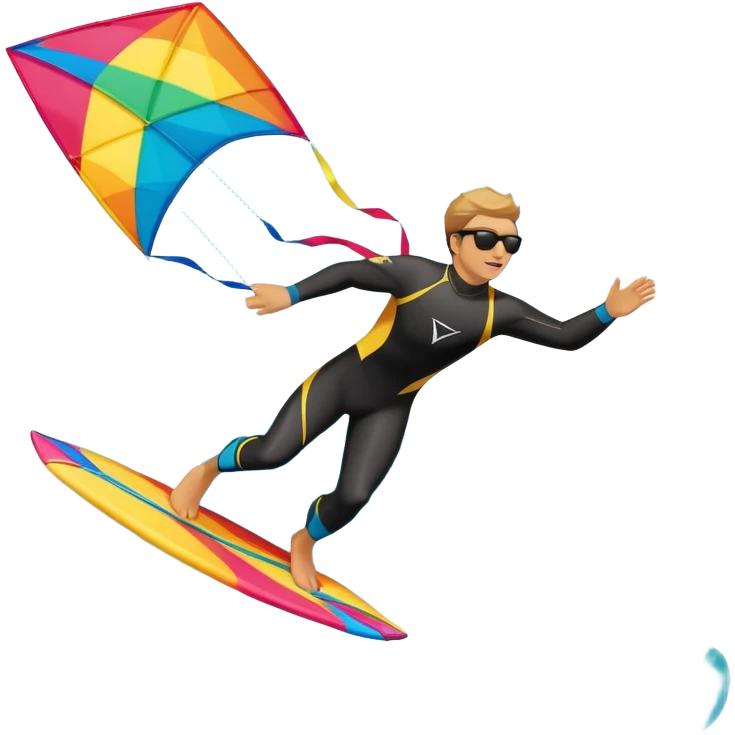the sun shining and the ocean's waves splashing around. A kite surfer gliding across the ocean, with a colorful kite soaring high in the sky and the surfer carving through the waves. The scene captures the energy and freedom of the sport emoji