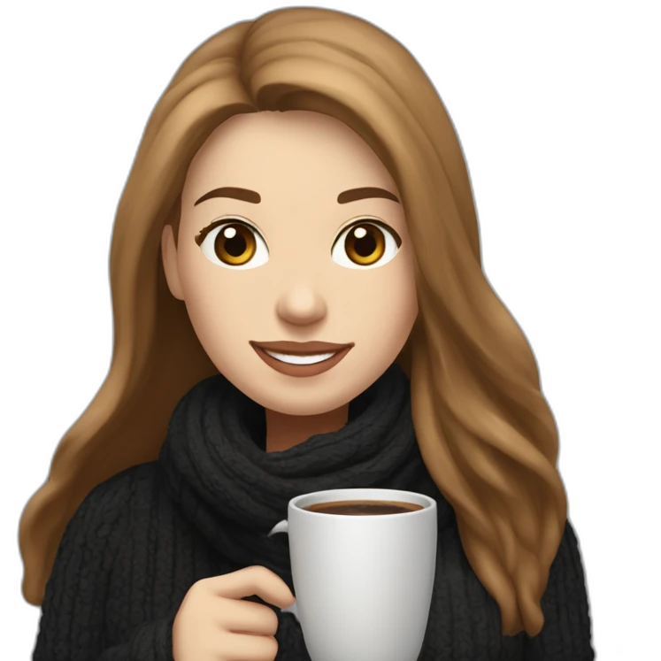 eyes closed smiling woman with pale skin middle brown long straight hair with a laptop and a large coffee mug wearing a black woolly shirt and a black woolly scarf emoji