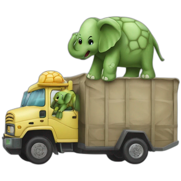 Tortue sur elephant sur camion emoji