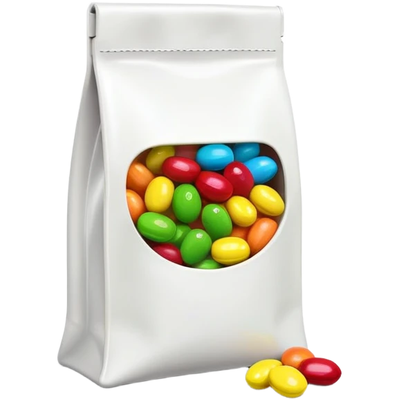Extremely simplified half-open Skittles pouch with just a few green candies peeking out. Clean rainbow colored minimal design. emoji