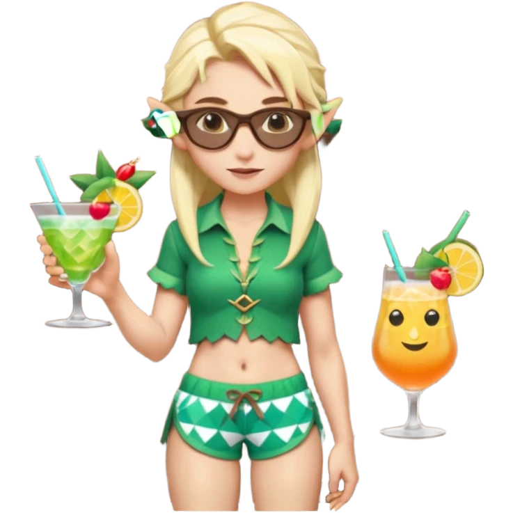 elf female legolas portrait, patterned board shorts (geometric/abstract), unique wooden-framed sunglasses, undercut hairstyle, slight smirk, visible pointy ears, no background, centered emoji, hipster summer vibe coctails  emoji