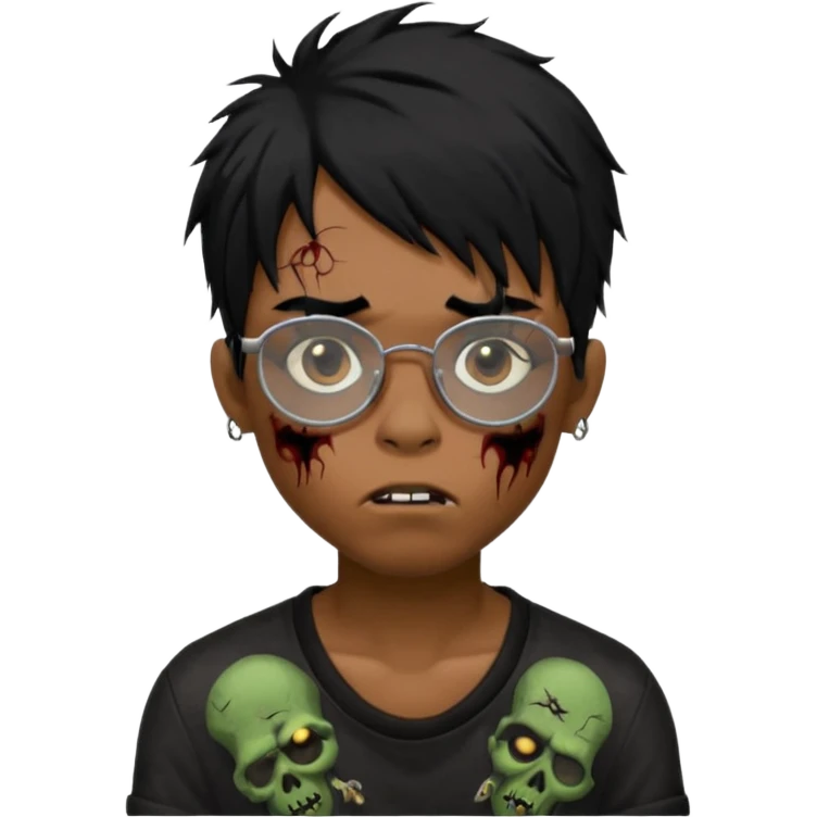 Boy, zombie, black hair, medium long, emo, shaggy, dark, spooky, creepy expression emoji, add dolce gabanna glasses, a risk on the eyebrow, some tattos  emoji