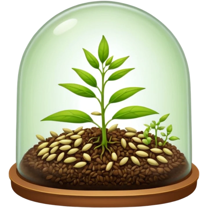 a pile of seeds at the right side and a germinating seed under a glass dome near . Transparent background emoji