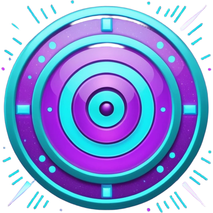 Futuristic glowing bullseye target emoji, neon purple and cyan holographic glow, dark background, digital tech style, abstract sparkles, no face. emoji