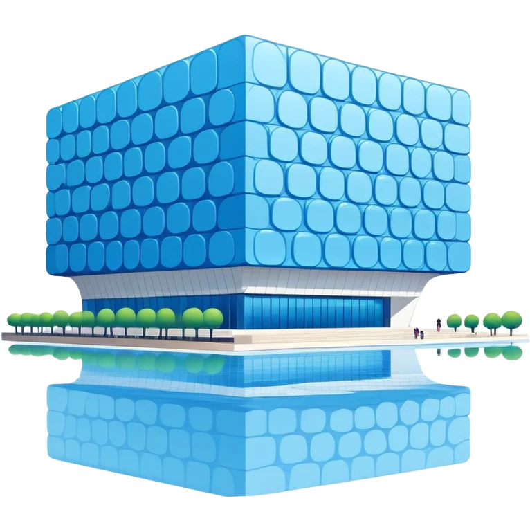 Beijing Water Cube National Aquatics Center blue bubbled building, simplified emoji style with bold outlines and bright colors, cartoon style modern structure emoji