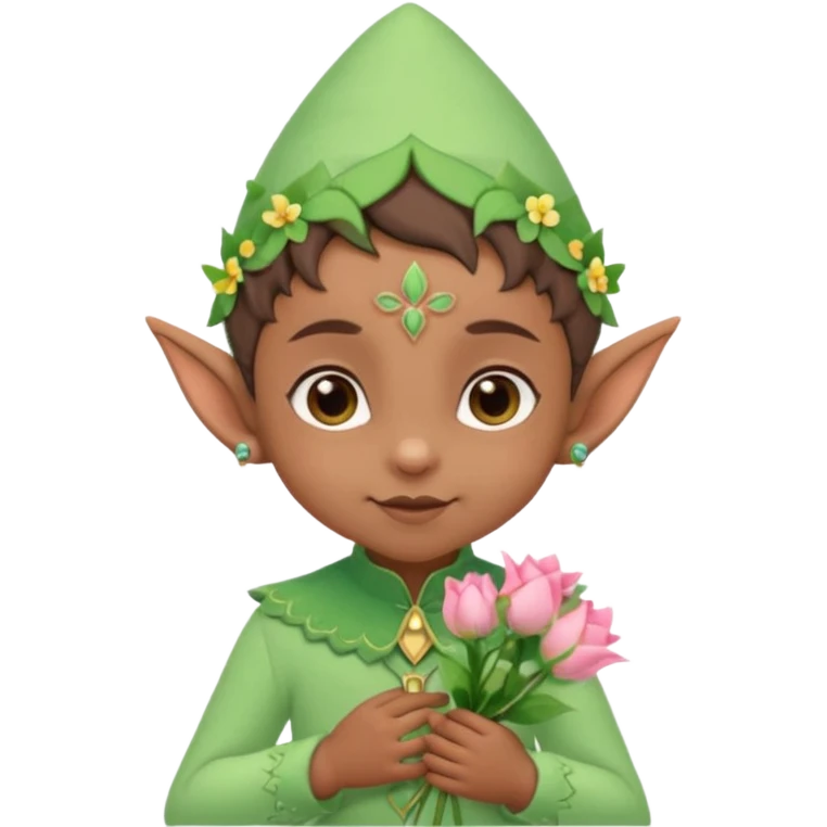 Tiny elf baby brown skin with pointy ears and hat, pastel green outfit, hold flowers emoji