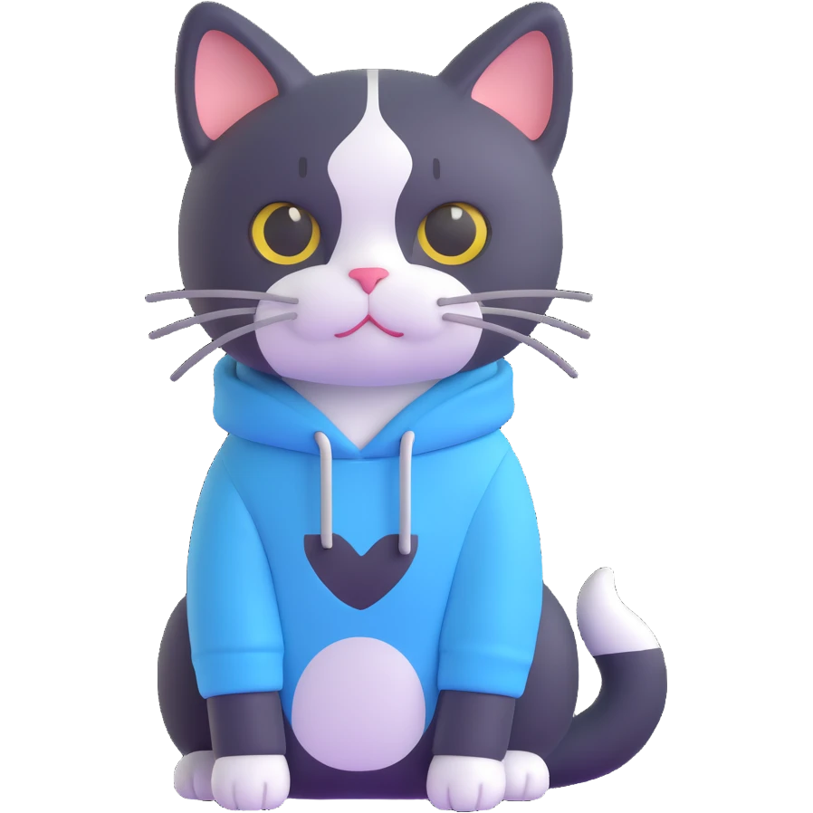 black and white cat wearing light blue sweatshirt emoji