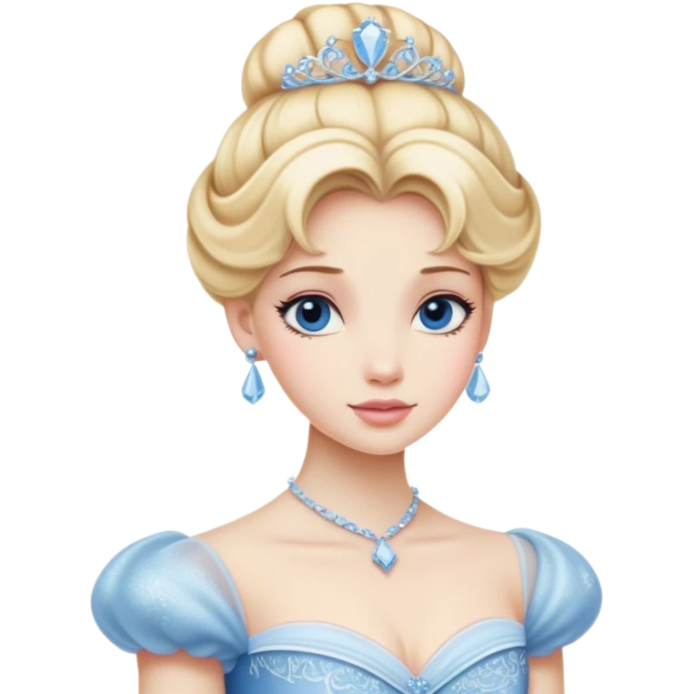 Cinematic Realistic Cinderella Portrait, depicted with lifelike porcelain skin, elegantly styled blonde hair, and a serene, graceful expression. Dressed in her classic ball gown with intricately detailed fabric textures and delicate pastel hues that catch soft, natural lighting, this portrait captures the timeless beauty of a fairy tale princess. emoji