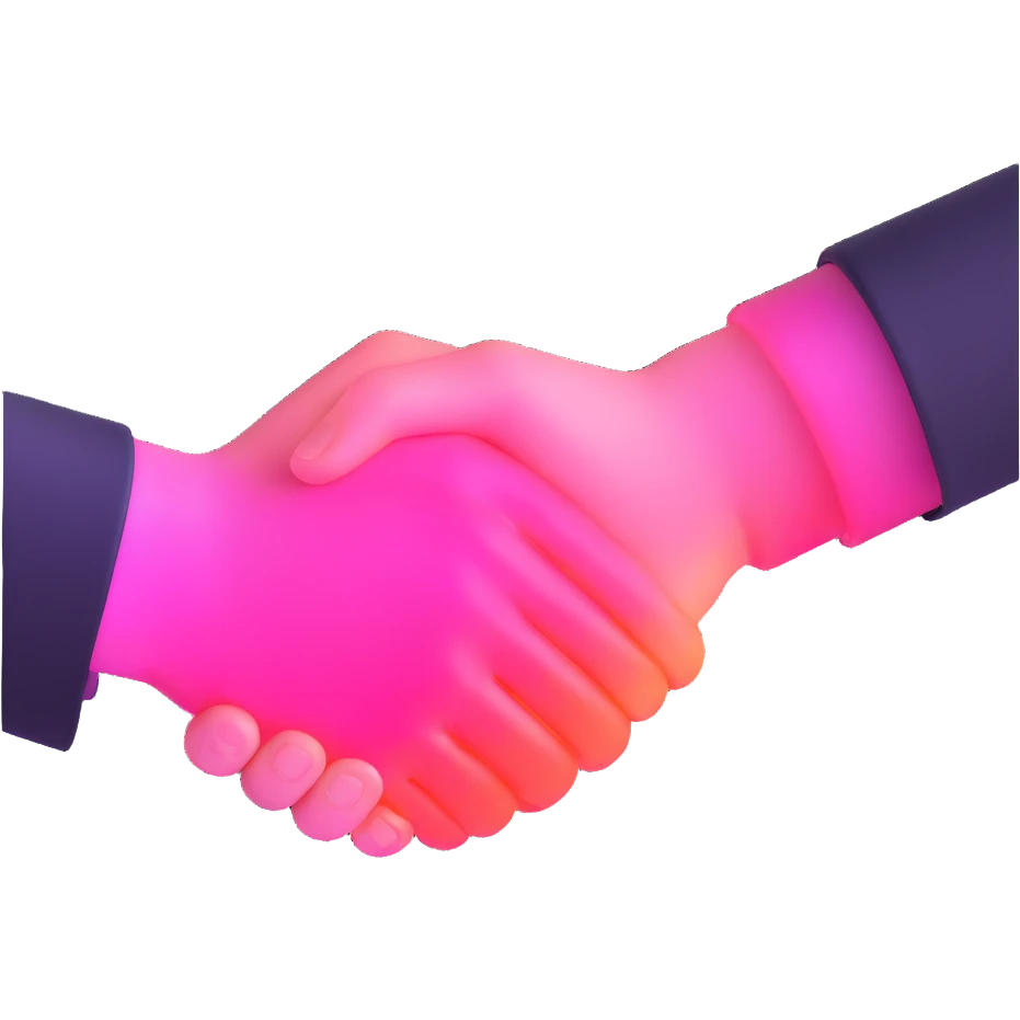 handshake, transparent glass with bright pink gradient from #FF335F to #FF99AA, soft glow and shadows, minimalistic emoji