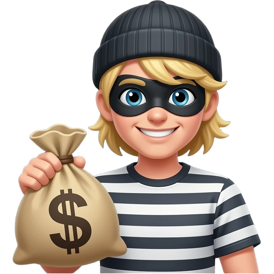 A simplified graphic of a detailed, smiling robber emoji with blonde hair, an eye mask, a beanie, and a striped shirt, holding a burlap money sack marked with a dark dollar symbol ('$') against a pure black background. In the upper-right, a minimal, white-outlined heart icon. emoji