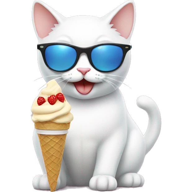 White cat eating ice cream wearing sunglasses emoji