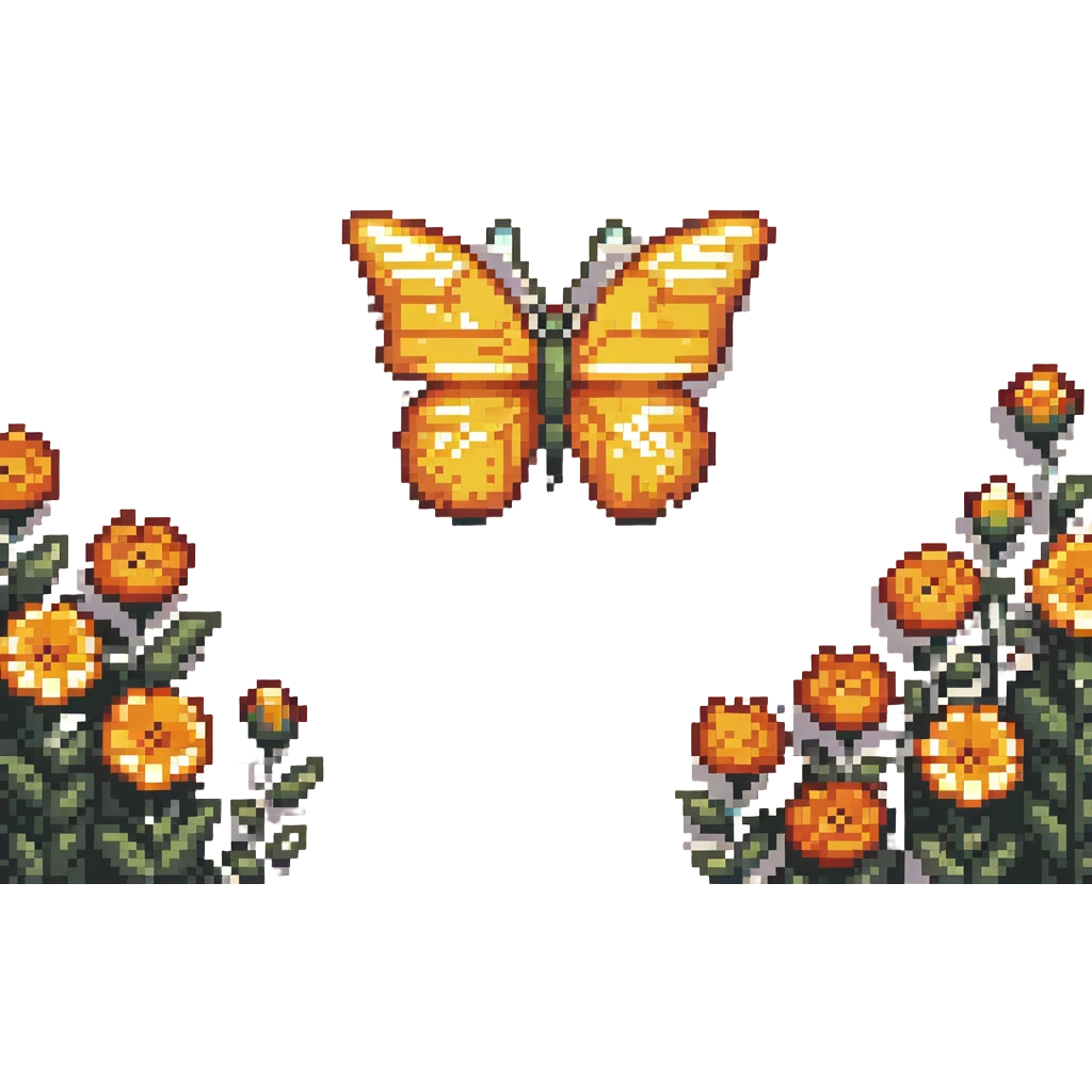 Blue smiling butterfly in springtime with pixel flowers and sunshine emoji