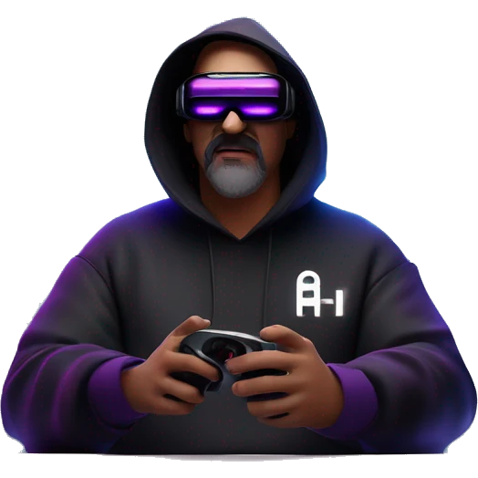 Big Lebowski wearing a black hoodie with "OMG" letters on it and VR headset oculus quest 2 in a cyberpunk VR environment with violet neon lighting. emoji