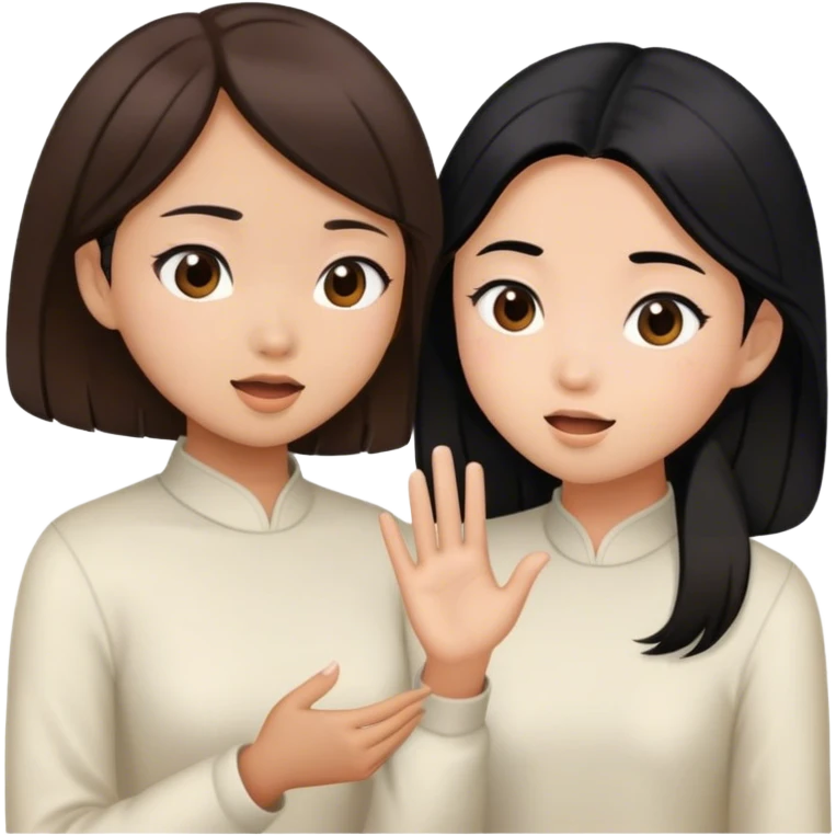 two asian girls talking brown hair and black hair emoji