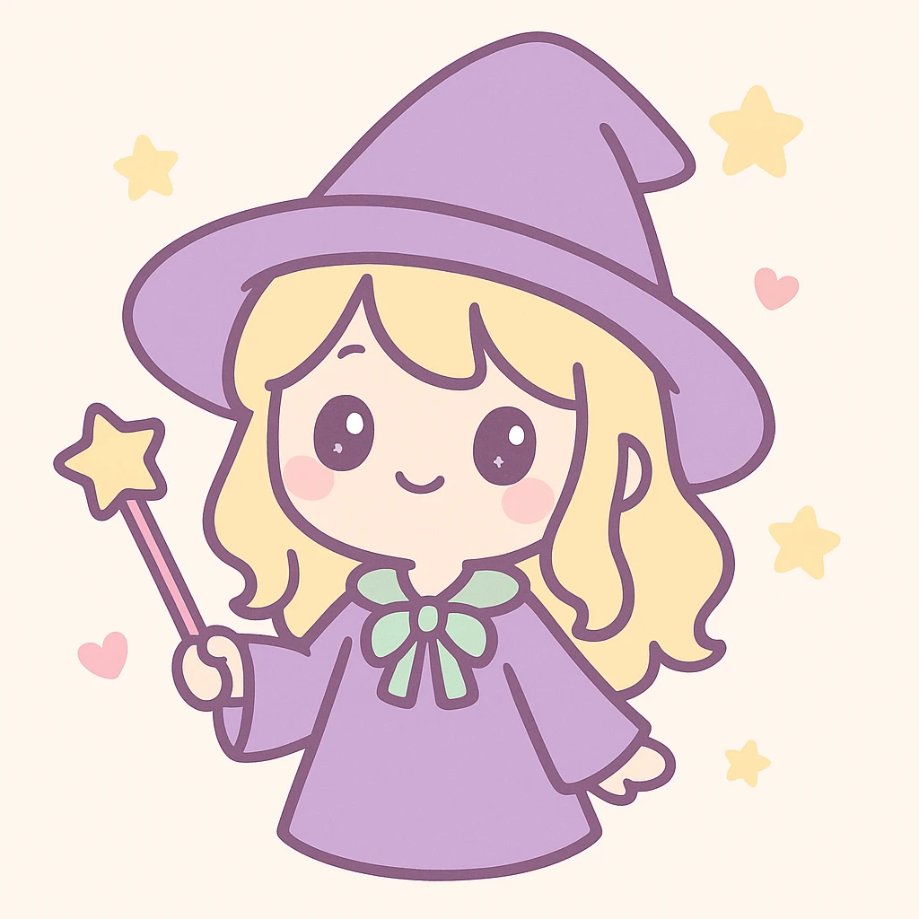 adorable wizard girl, blonde hair, wearing a large purple wizard hat, magical vibe, cute and whimsical emoji