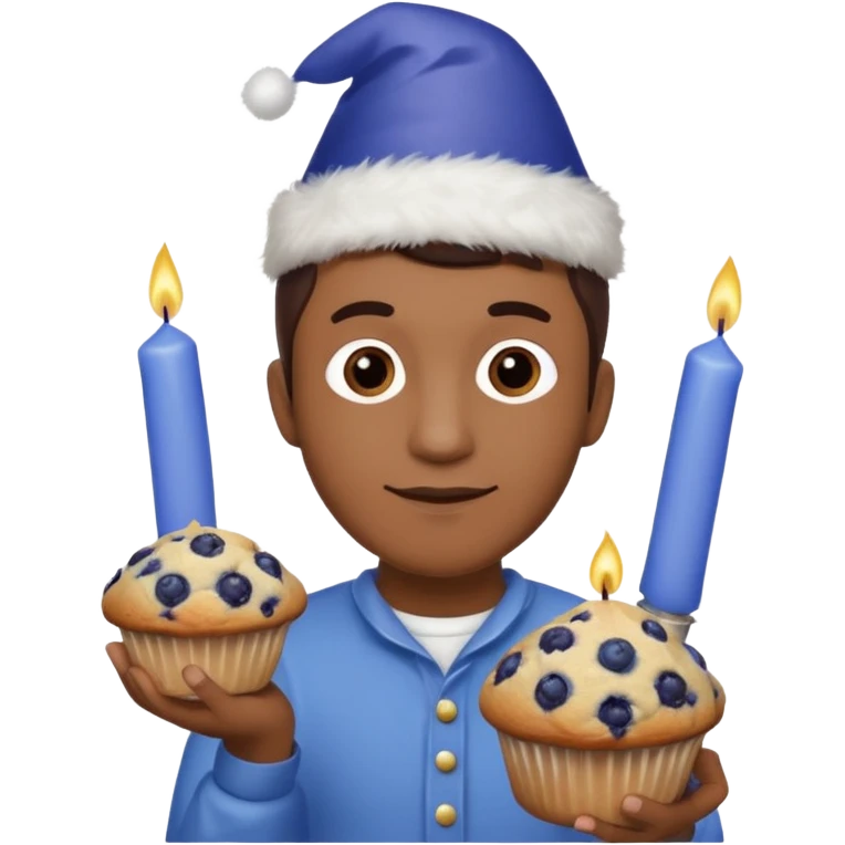 Blueberry Muffin celebrating birthday. Make sure it actually looks like a muffin with candles. Somebody holding it with party hat. Make it a man  emoji