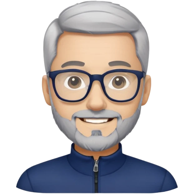 Smiling man with light skin, short black hair, gray beard, black glasses, wearing a navy blue athletic zip-neck long sleeve shirt emoji