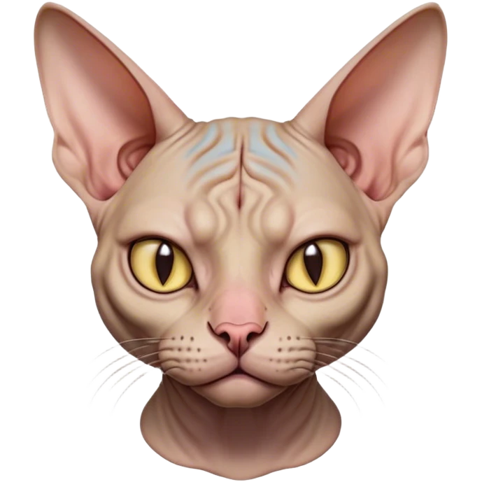Cinematic Grumpy Sphynx Cat Portrait Emoji, Head tilted slightly with a deeply unimpressed expression, smooth, wrinkled skin with pronounced facial folds giving a permanent look of disapproval, large ears standing tall, piercing eyes narrowed into an unamused glare, Simplified yet comically expressive features, highly detailed, glowing with a dry, sarcastic glow, high shine, effortlessly judgmental yet dignified, stylized with a touch of cynicism, bright but brooding, soft glowing outline, capturing the essence of an eternally unimpressed yet endearing feline, so lifelike it feels like it could sigh heavily at you in disdain at any moment! emoji