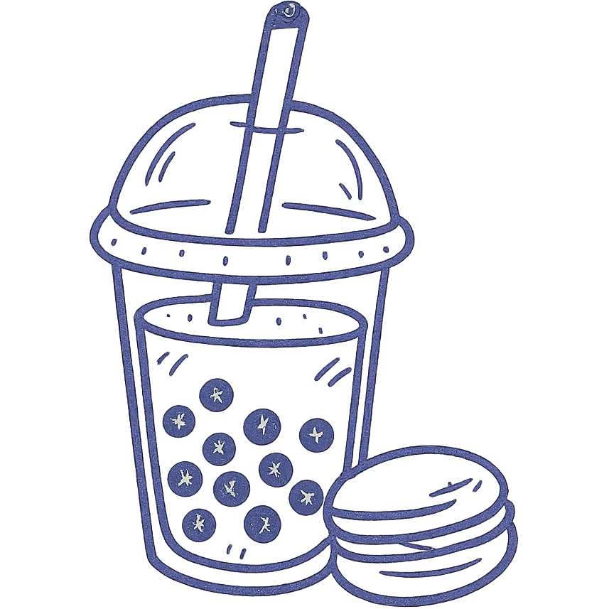 hand-drawn icon of purple boba tea with a macaron on the side, outlined emoji