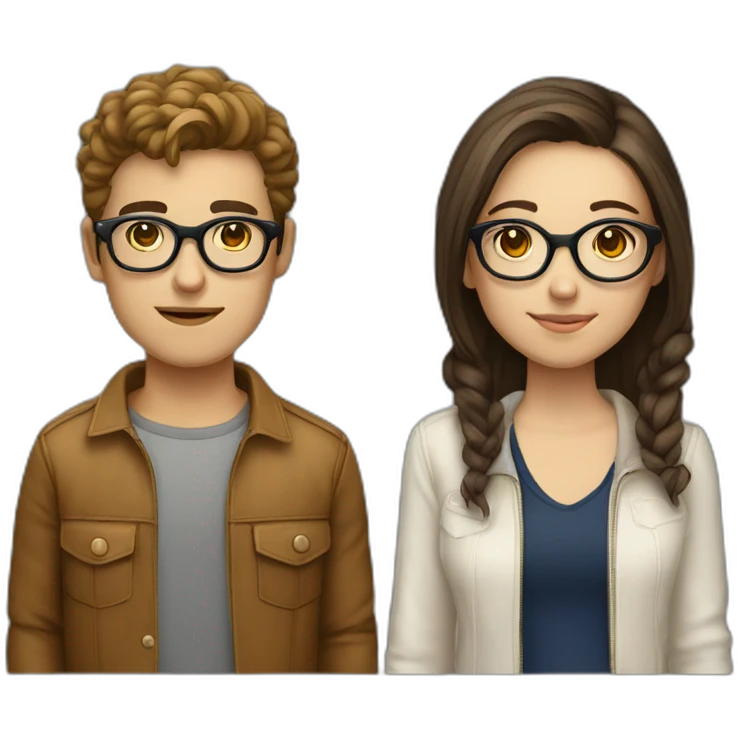 italian young cool couple brown hairs and white skin, the boy with rounded glasses, the girl is a model emoji