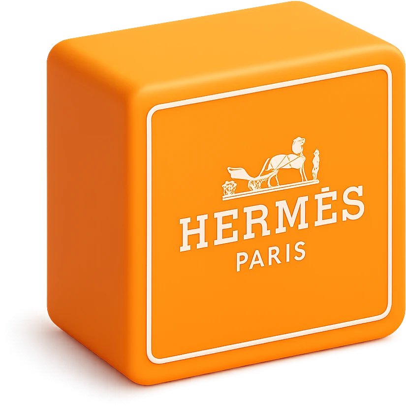 Add the Hermès logo to the center of the 3D orange box, maintaining the same square shape and proportions. The logo should be clean, elegant, and minimal. Use a white or transparent background. emoji