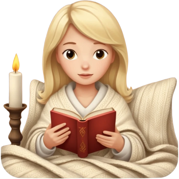 Cozy blonde girl reading book with blanket and candle emoji