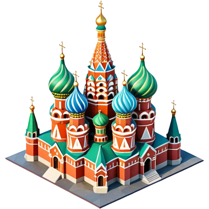 Isometric illustration of photorealistic Saint Basil's Cathedral with colorful onion domes, highly detailed in semi-realistic style, sharp outlines, subtle surface textures, balanced between stylized and realistic, 3D miniature effect with a slight hand-painted touch, no cartoonish look. emoji
