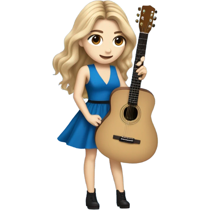 Sabrina carpenter singings while playing a guitar in a blue dress with a heart shaped cut out between her boobs and swaying her long blond hair with a fringe emoji